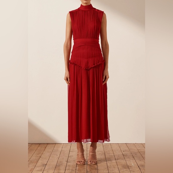 SHONA JOY LÈONIE HIGH NECK MIDI DRESS SCARLETT 2022 Fall Season - Picture 2 of 7